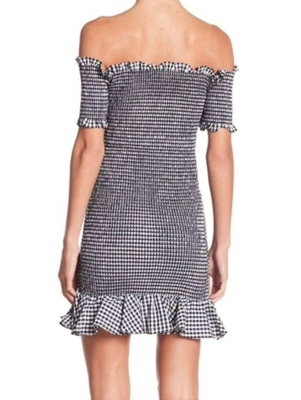 WAYF Gingham Smocked Off Shoulder Bodycon Dress NWOT Size L
